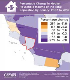 change in median income 2007-2016 map for Los Angeles County